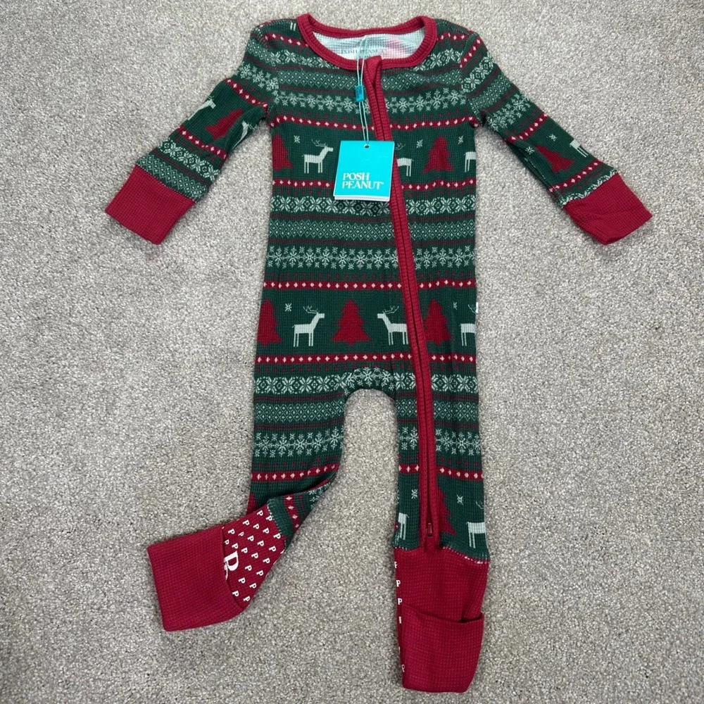 Posh Peanut Kids Christmas Pajamas Footie Sleepsuit 6‎ 9M Deer Tree Fair Isle